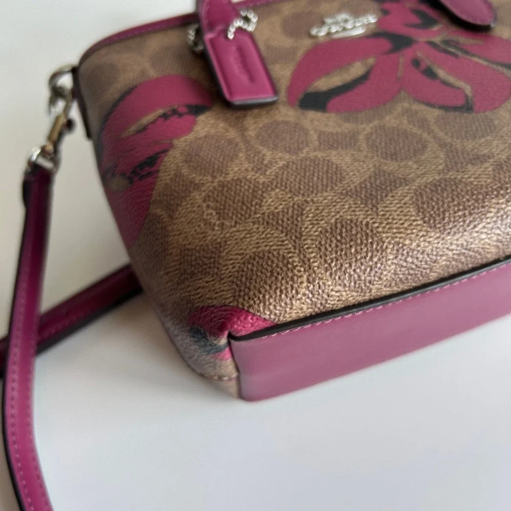 Coach City Mini Tote Brown Pink‎ Bow Signature Canvas Leather Bag Good